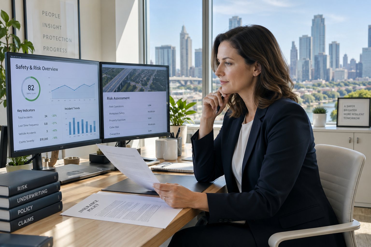 An underwriter at a bright city office reading a printed insurance policy beside a screen showing a fleet safety and risk overview
