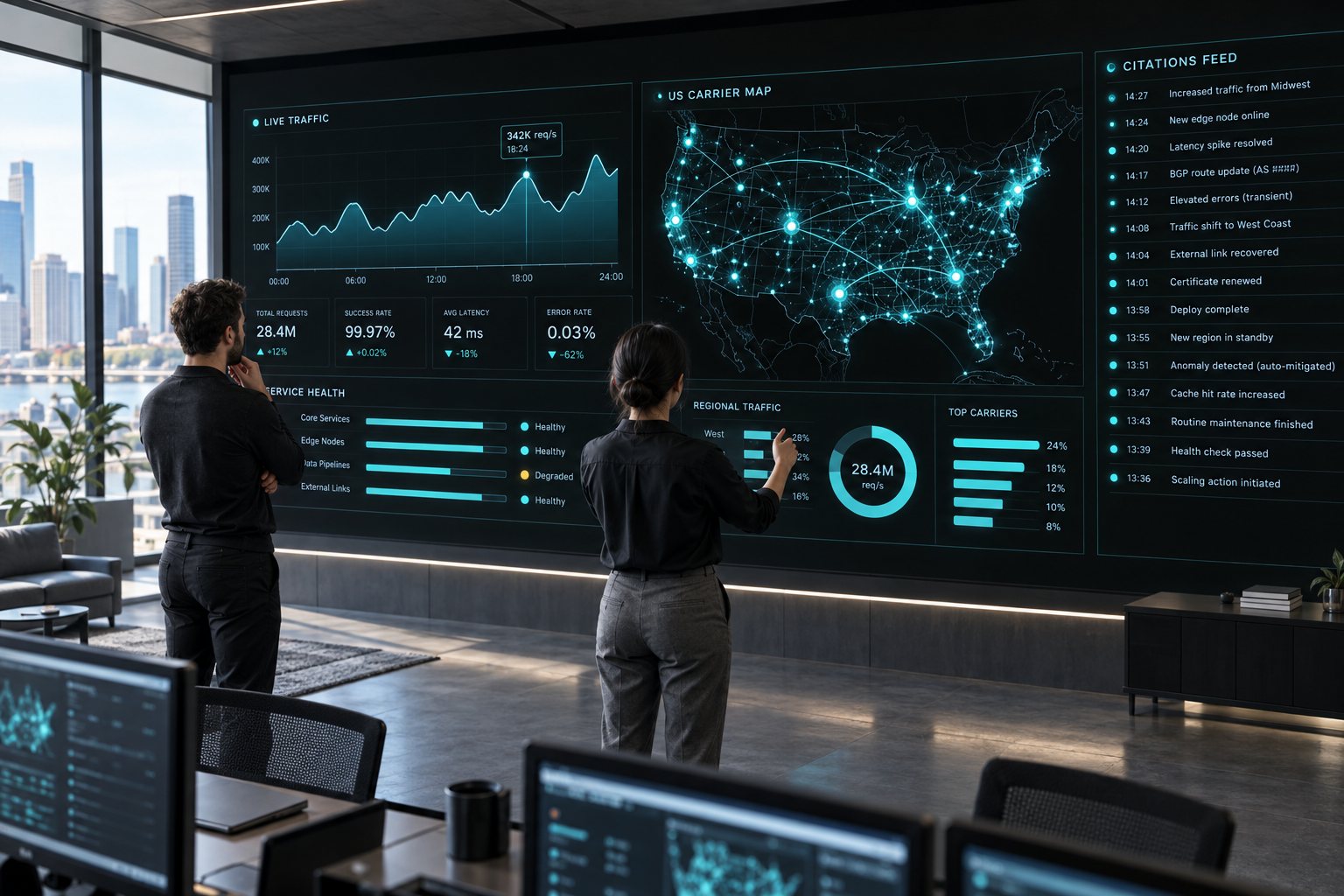 Two engineers in front of a wall display showing live API traffic, a US carrier map and a citations feed, a city skyline through the window