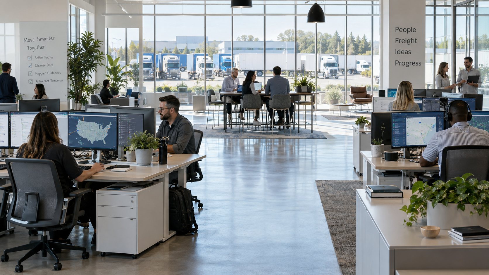 Bright open-plan office of a logistics software company, teams at desks with route maps on screen, a yard of trucks through the glass wall
