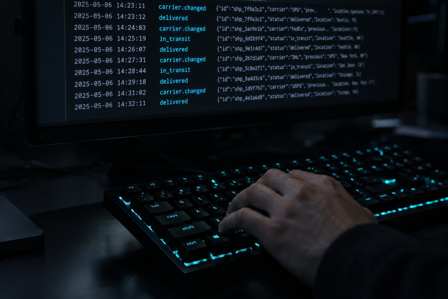 A developer’s hand on a cyan-lit keyboard beneath a dark screen streaming carrier-changed and delivered webhook events