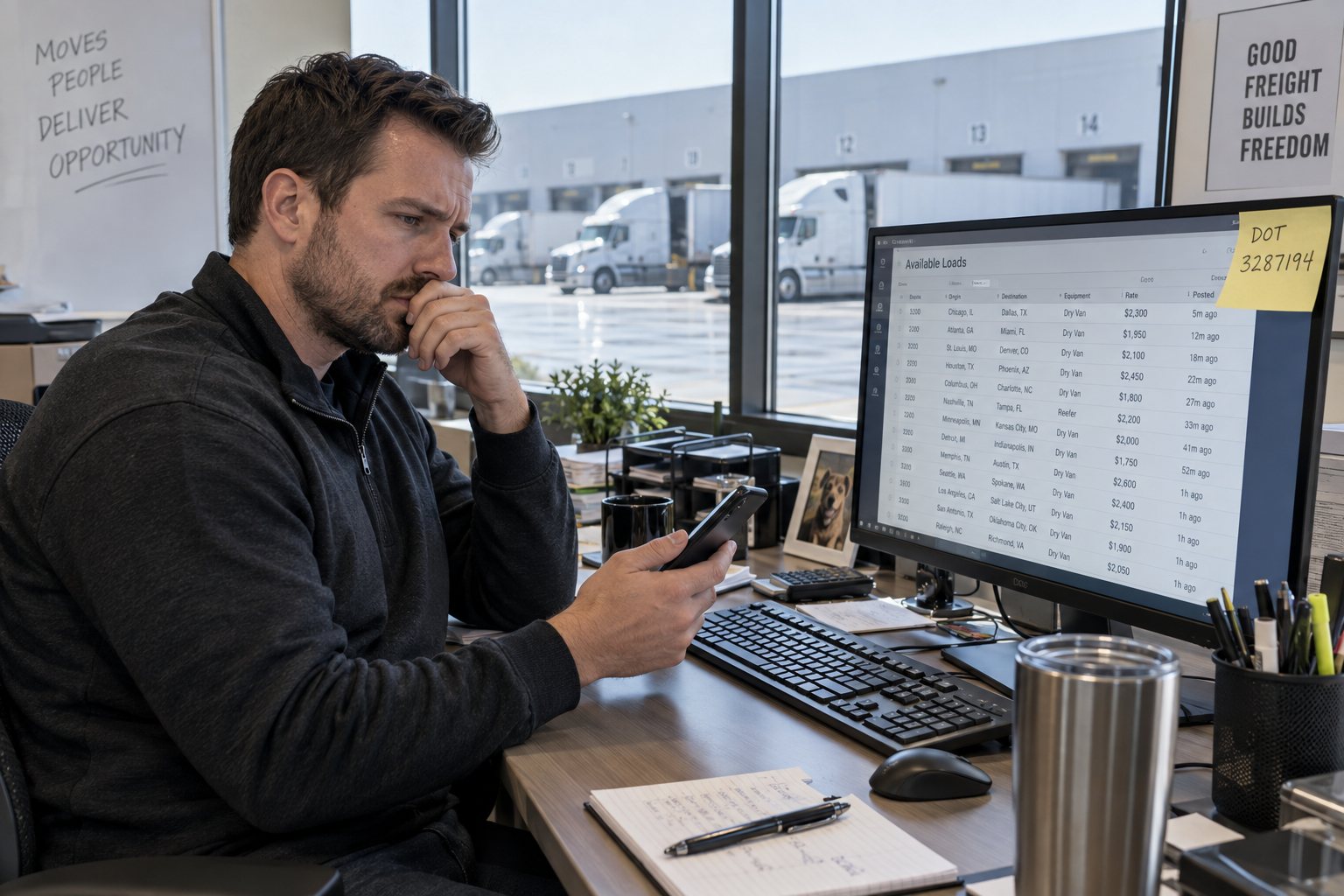 A dispatcher at his desk staring at a load board, phone in hand, a DOT number on a sticky note on the monitor, trailers at the dock outside