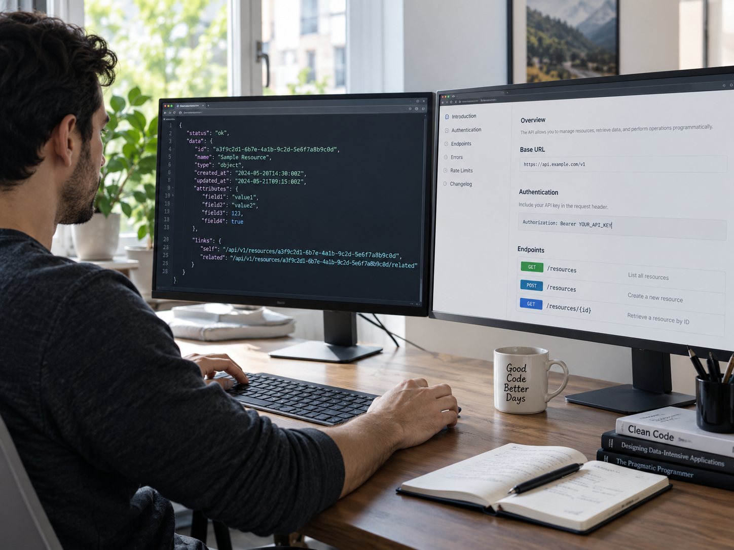 A developer at a bright desk, one screen showing a JSON response, the other the API documentation, coffee and a notebook